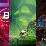 A composite image shows the protagonists of Metal Eden, Silksong, and a No Man's Sky character arranged in a row.
