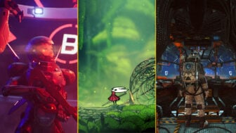 A composite image shows the protagonists of Metal Eden, Silksong, and a No Man's Sky character arranged in a row.